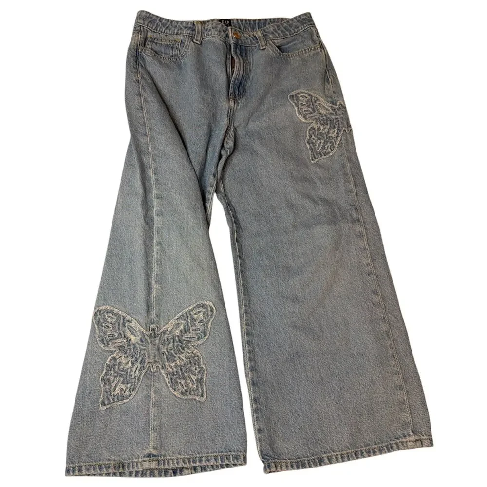 Gap Kids Butterfly Patch Wide Leg Jeans Y2K Denim Boho Aesthetic Sz Kids 12 Plus